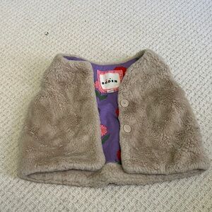 Mini Boden Beige Faux Fur Vest with Purple Floral Lining